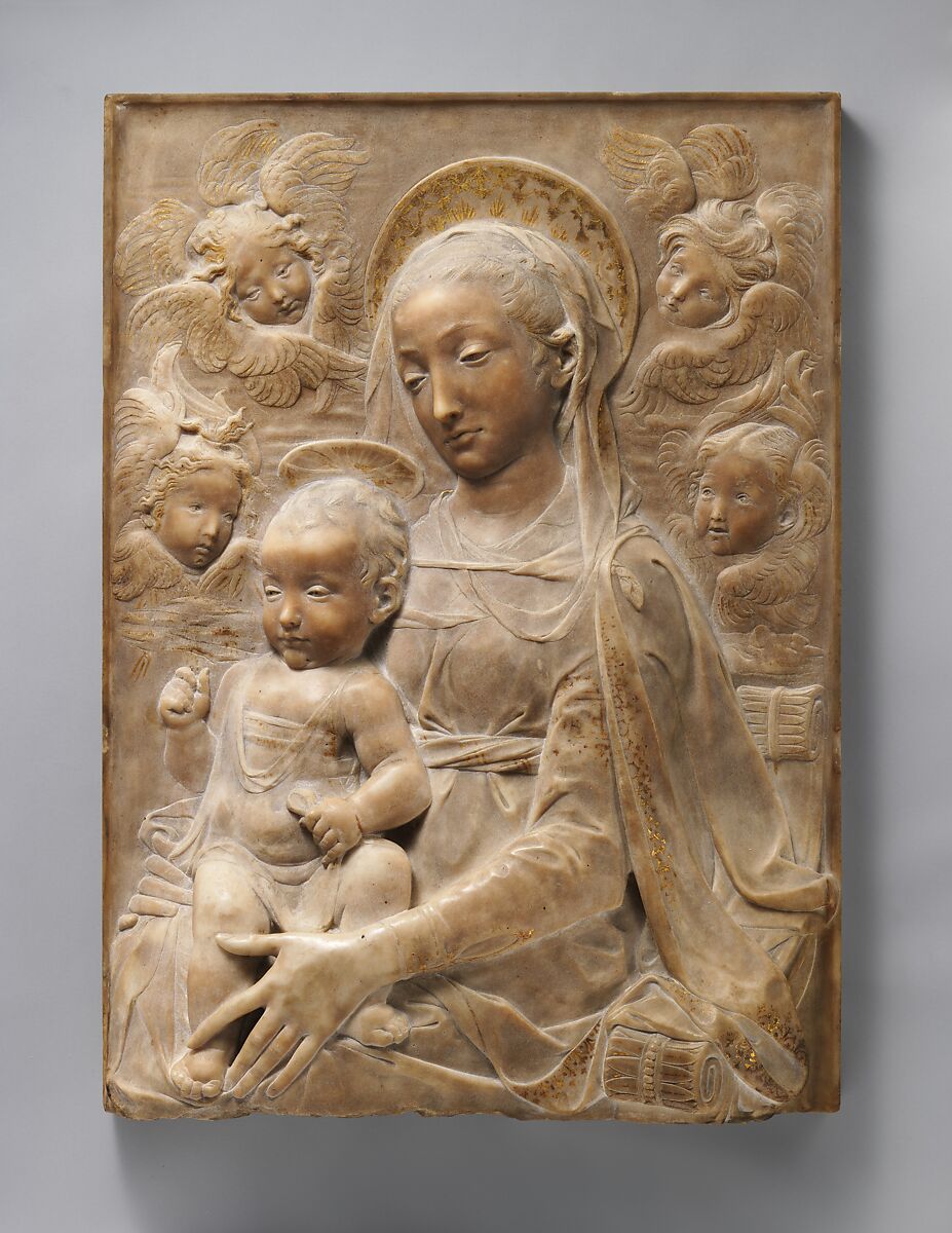 Madonna and Child with Angels, Antonio Rossellino (Italian, Settignano 1427–ca. 1479 Florence), Marble with gilt details on halo and dress, Italian, Florence 