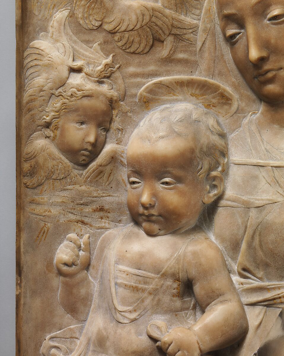 Madonna and Child with Angels, Antonio Rossellino (Italian, Settignano 1427–ca. 1479 Florence), Marble with gilt details on halo and dress, Italian, Florence