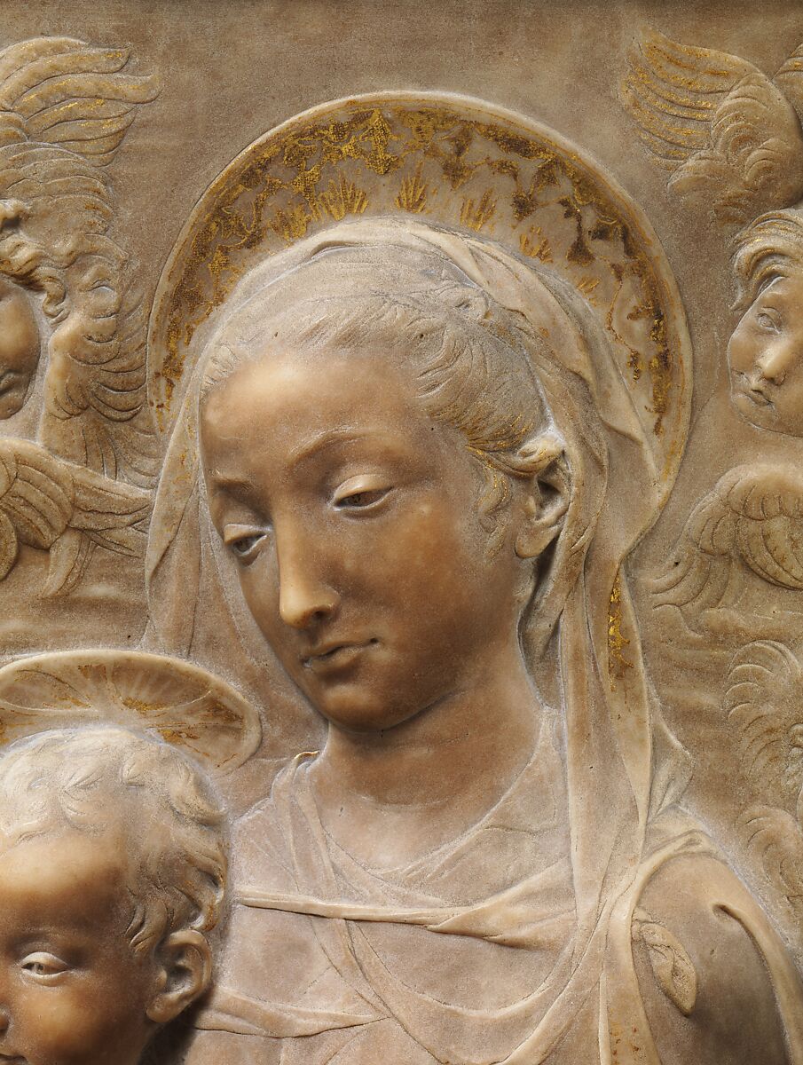 Madonna and Child with Angels, Antonio Rossellino (Italian, Settignano 1427–ca. 1479 Florence), Marble with gilt details on halo and dress, Italian, Florence
