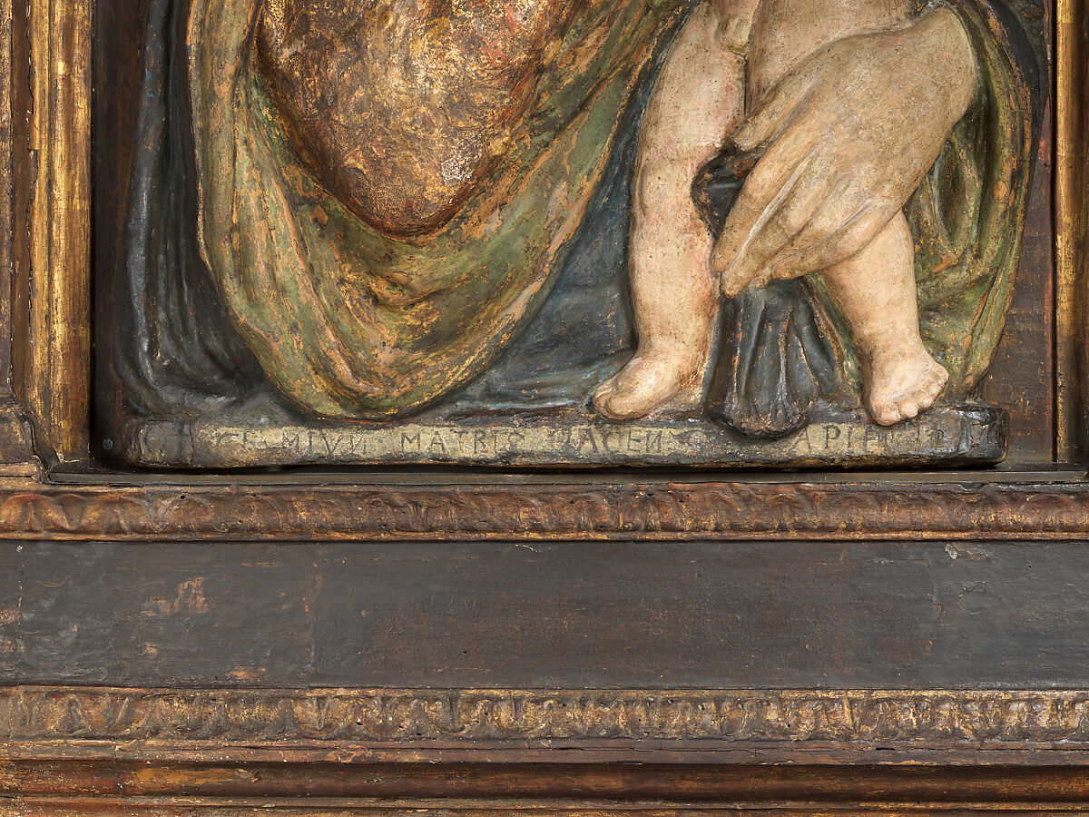 Madonna and Child, School of Donatello (Italian, Florence ca. 1386–1466 Florence), Figures: terracotta, polychromed and gilded; later background: wood, painted to represent brocade; frame: carved and painted, mouldings gilt, Italian