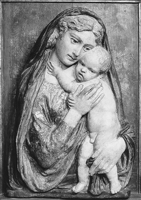 Madonna and Child, School of Donatello (Italian, Florence ca. 1386–1466 Florence), Figures: terracotta, polychromed and gilded; later background: wood, painted to represent brocade; frame: carved and painted, mouldings gilt, Italian