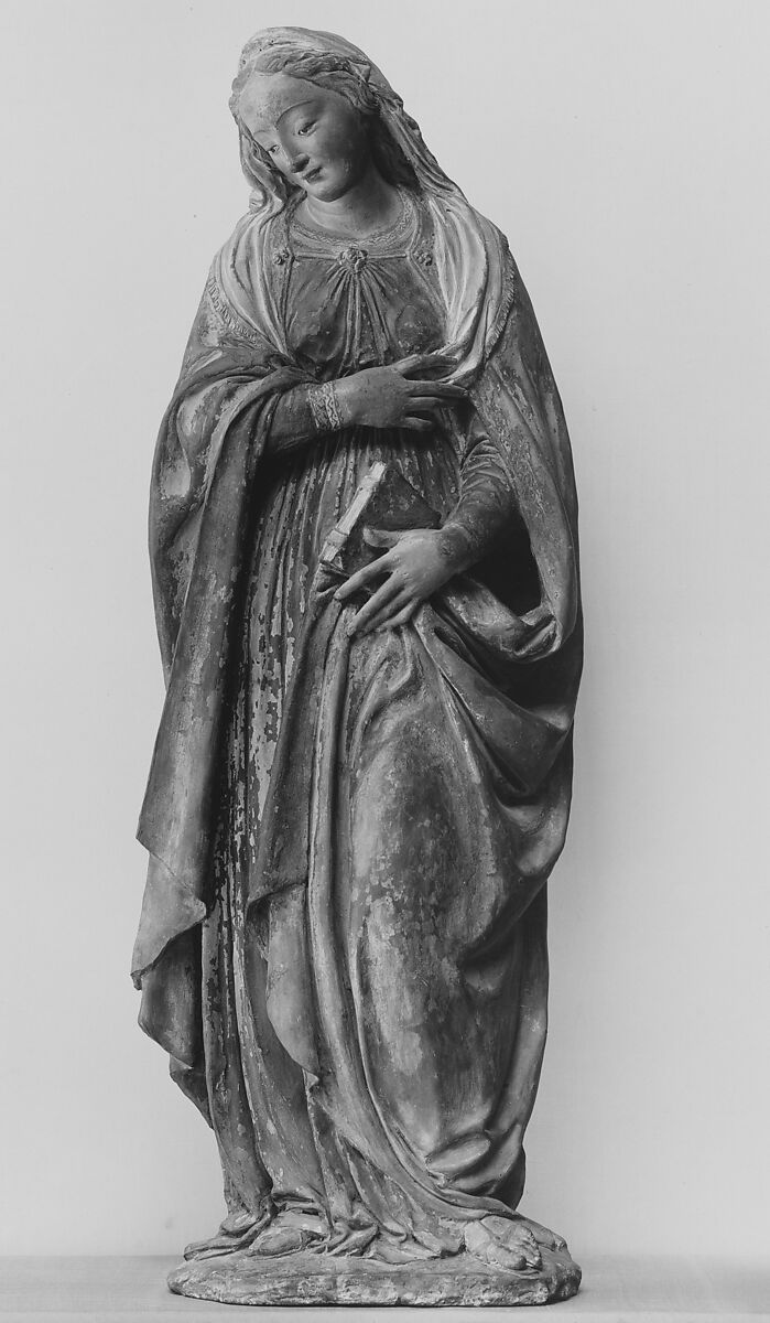 The Virgin Annunciate, After an original by Benedetto da Maiano (Italian, Maiano 1442–1497 Florence), Terracotta, painted, Italian, Florence 