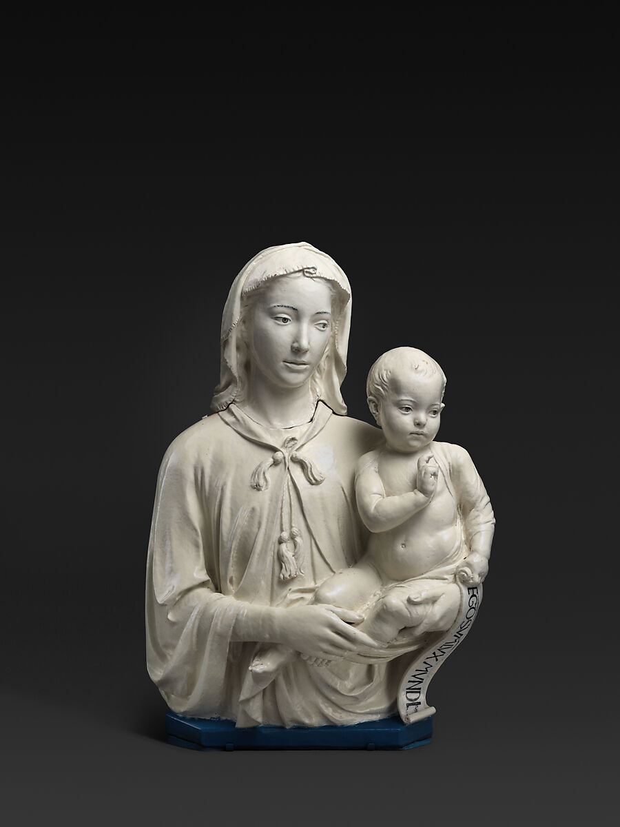 Madonna and Child with Scroll, Luca della Robbia (Italian, 1399/1400–1482 Florence), Glazed terracotta, Italian, Florence 