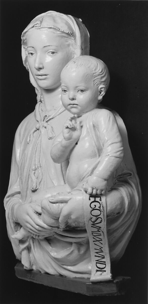 Madonna and Child with Scroll, Luca della Robbia (Italian, 1399/1400–1482 Florence), Glazed terracotta, Italian, Florence