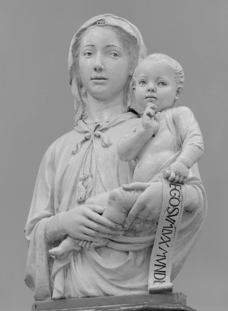Madonna and Child with Scroll, Luca della Robbia (Italian, 1399/1400–1482 Florence), Glazed terracotta, Italian, Florence