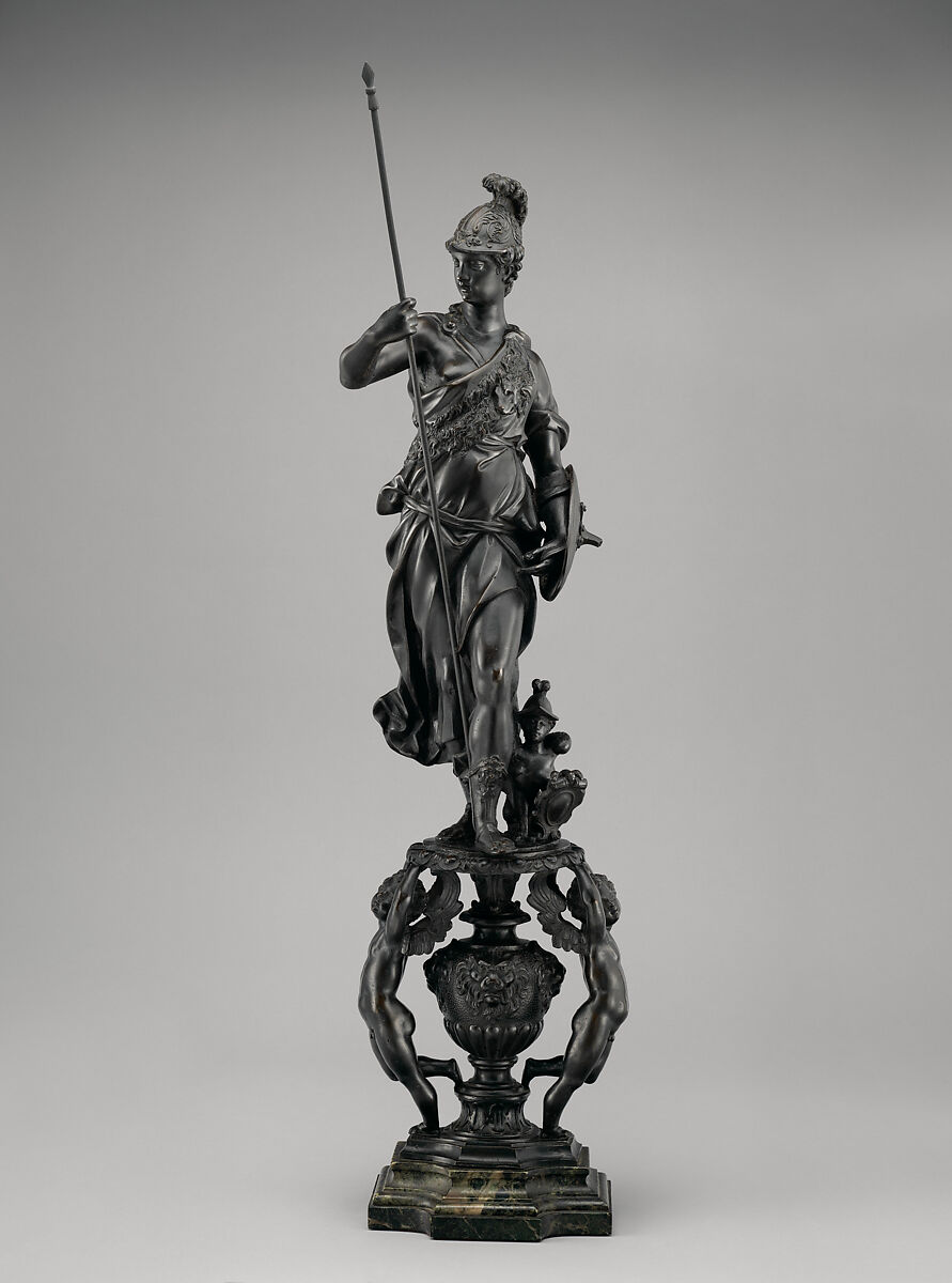 Andiron with figure of Minerva (allegory of War) (one of a pair), After a model by Girolamo Campagna (Italian, Verona 1549–1625 Venice), Bronze, Italian, Venice 