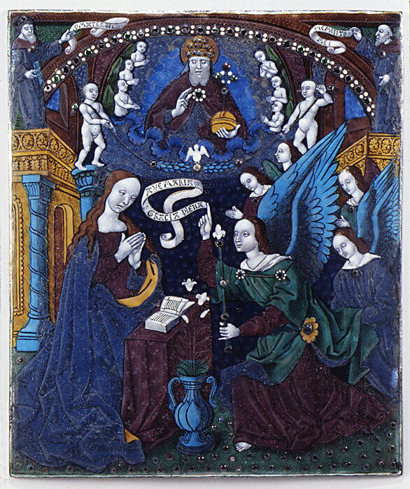 The Annunciation, Workshop of Master of the Triptych of Louis XII (ca. 1490–ca. 1515), Painted enamel on copper, partly gilt, French, Limoges 