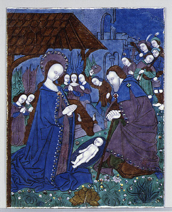 The Adoration of the Shepherds, Workshop of the Master of the High Foreheads (Atelier aux Grands Fronts), Painted enamel on copper, partly gilt, French, Limoges 