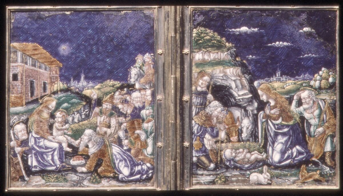 Adoration of the Shepherds and Adoration of the Magi, Basse-taille and painted enamel on silver; silver-gilt frame, Italian, Lombardy, Milan or Ferrara 