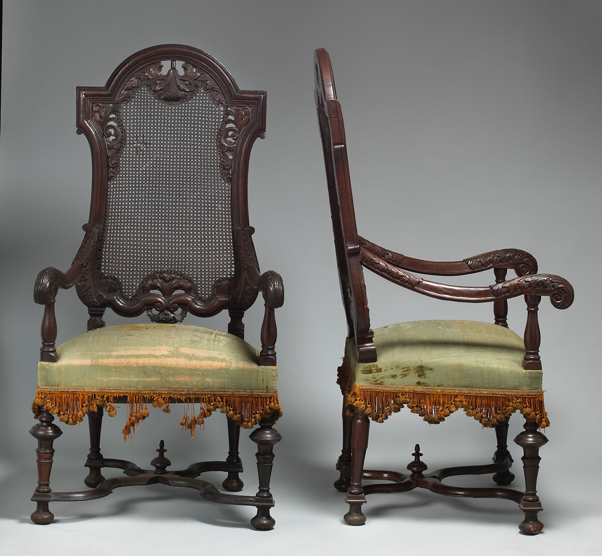 Armchair (one of a pair), Walnut, cane, British 