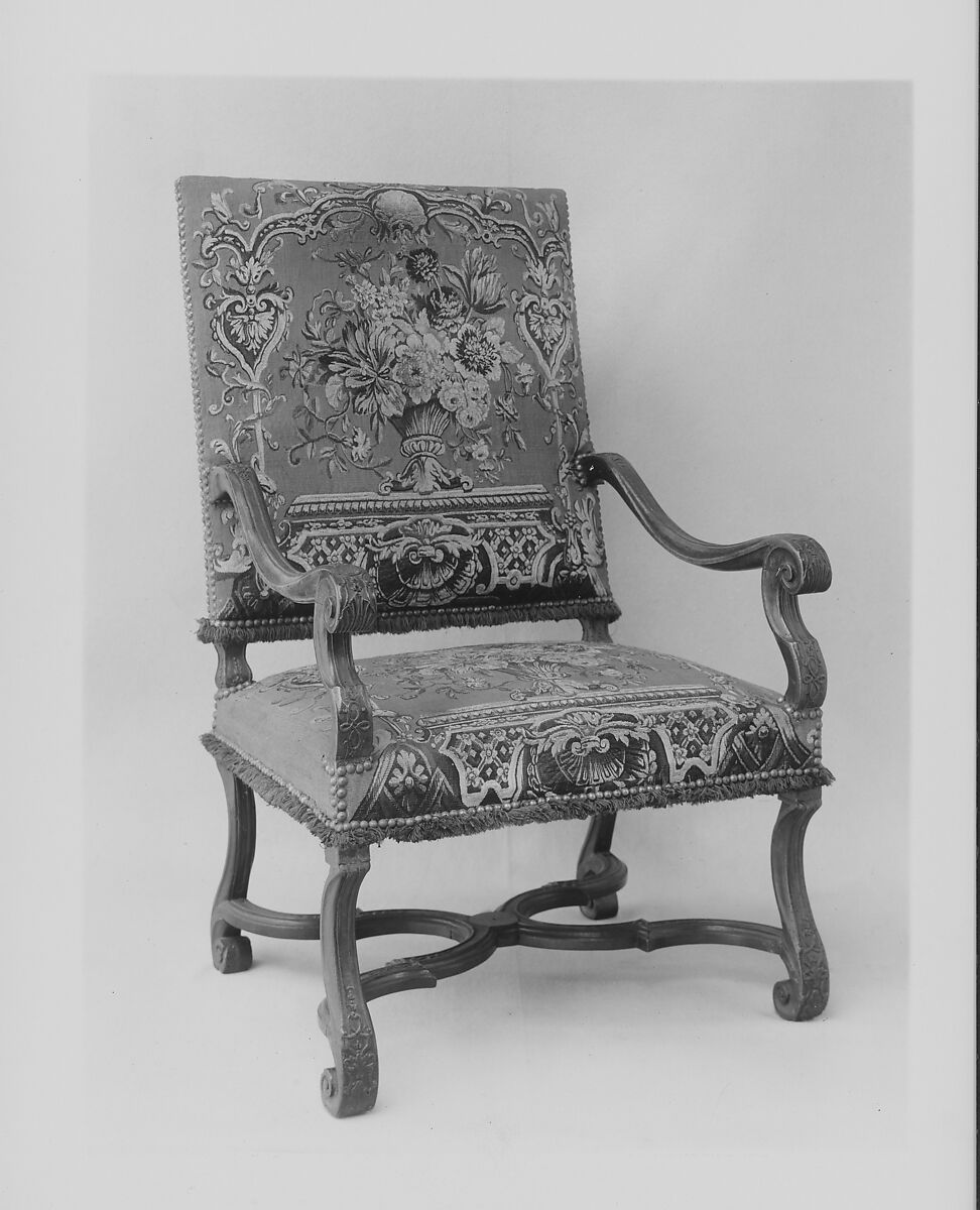 Armchair, Carved walnut; wool and silk tapestry covers, probably Beauvais (not original to the frame), French 