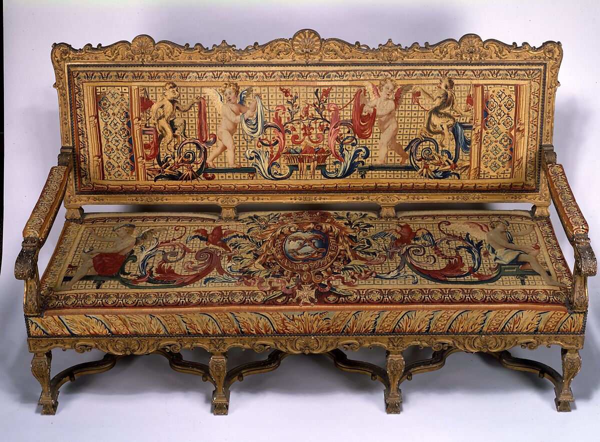 Fragments of a Lower Border, Tapestry designed 1684–86 by Jean Lemoine de Lorrain (1638–1713), Silk, wool and metal thread; modern frame carved and gilded wood., French 