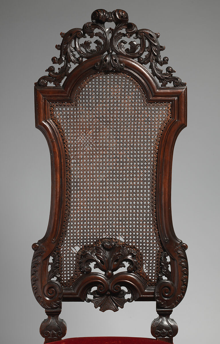Chair (one of a set of six), Walnut, caning; velvet not original to frame, British