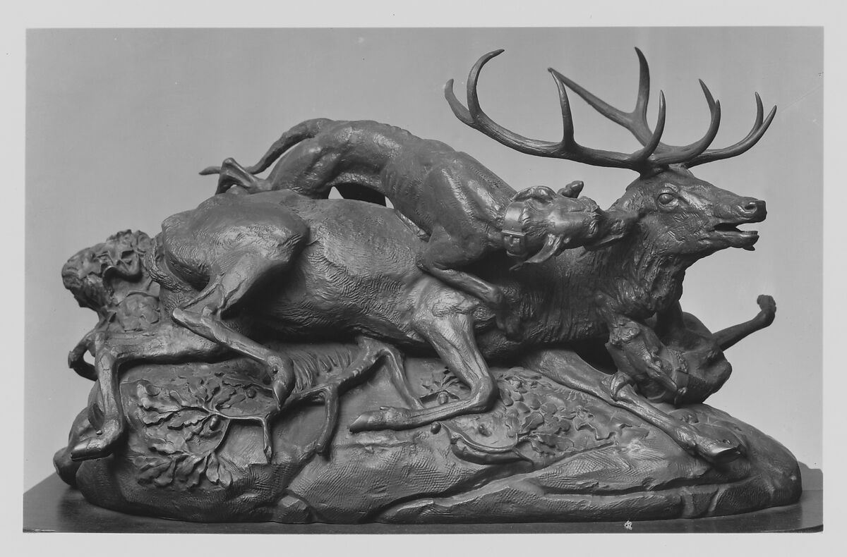 Ten-Point Stag Brought Down by Two Scotch Hounds, Antoine-Louis Barye (French, Paris 1795–1875 Paris), Bronze, wood base, French 