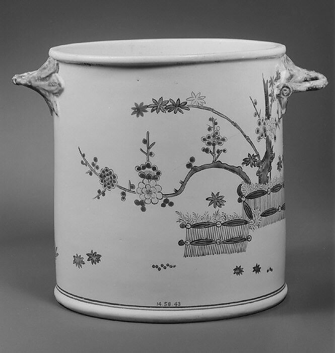 Wine bottle cooler (one of a pair), Chantilly (French), Tin-glazed soft-paste porcelain, silver, French, Chantilly