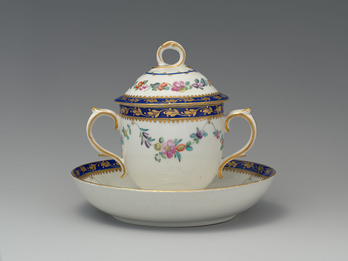 Chocolate cup with cover and saucer, Crown Derby (British, 1750–present), Soft-paste porcelain, British, Crown Derby 