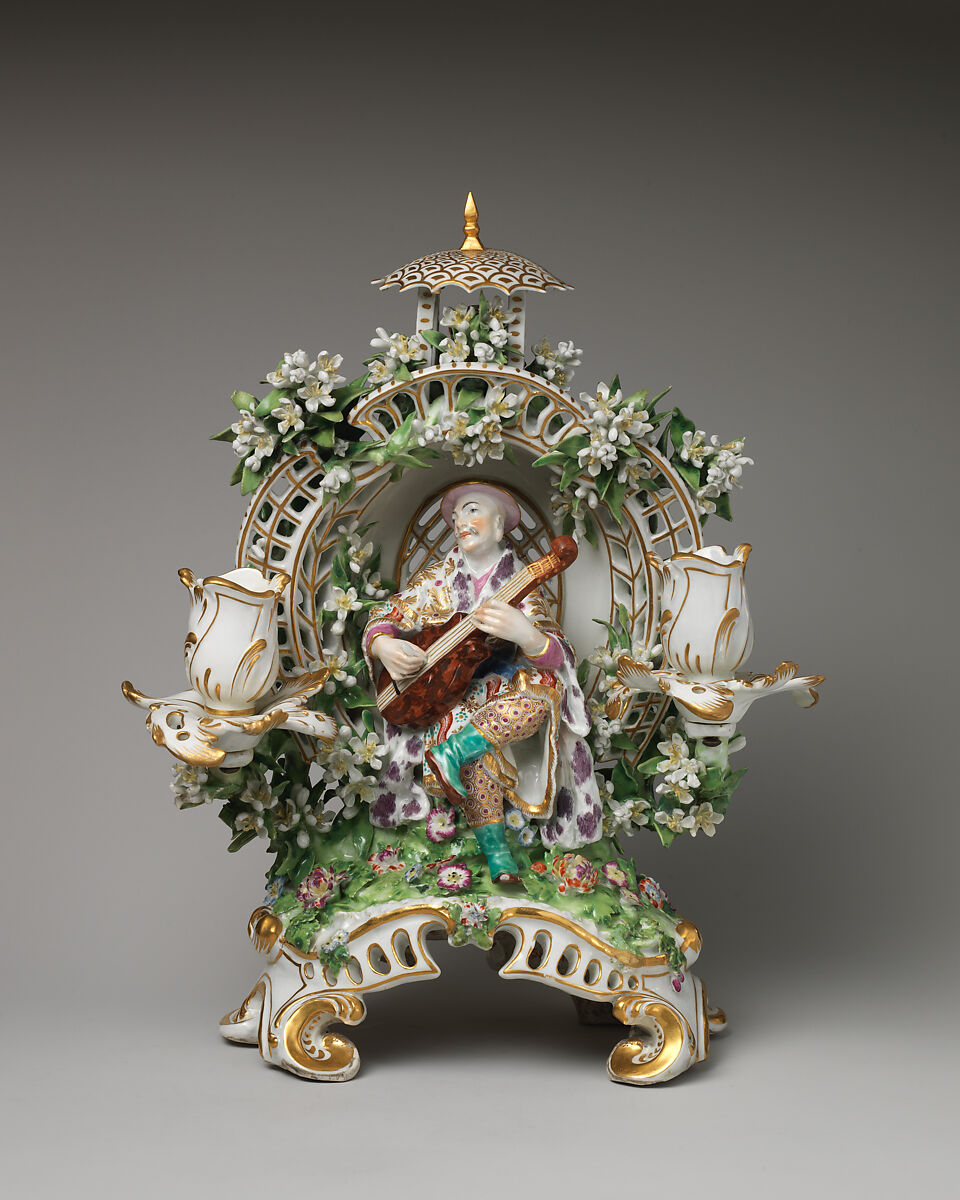 Candelabrum (one of a pair), Chelsea Porcelain Manufactory (British, 1745–1784, Gold Anchor Period, 1759–69), Soft-paste porcelain, British, Chelsea 