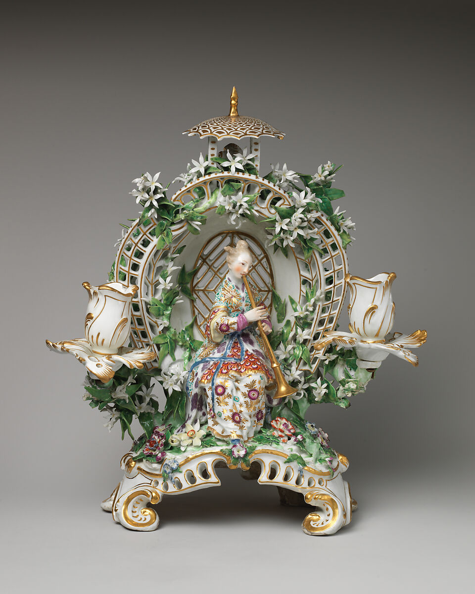 Candelabrum (one of a pair), Chelsea Porcelain Manufactory (British, 1745–1784, Gold Anchor Period, 1759–69), Soft-paste porcelain, British, Chelsea 