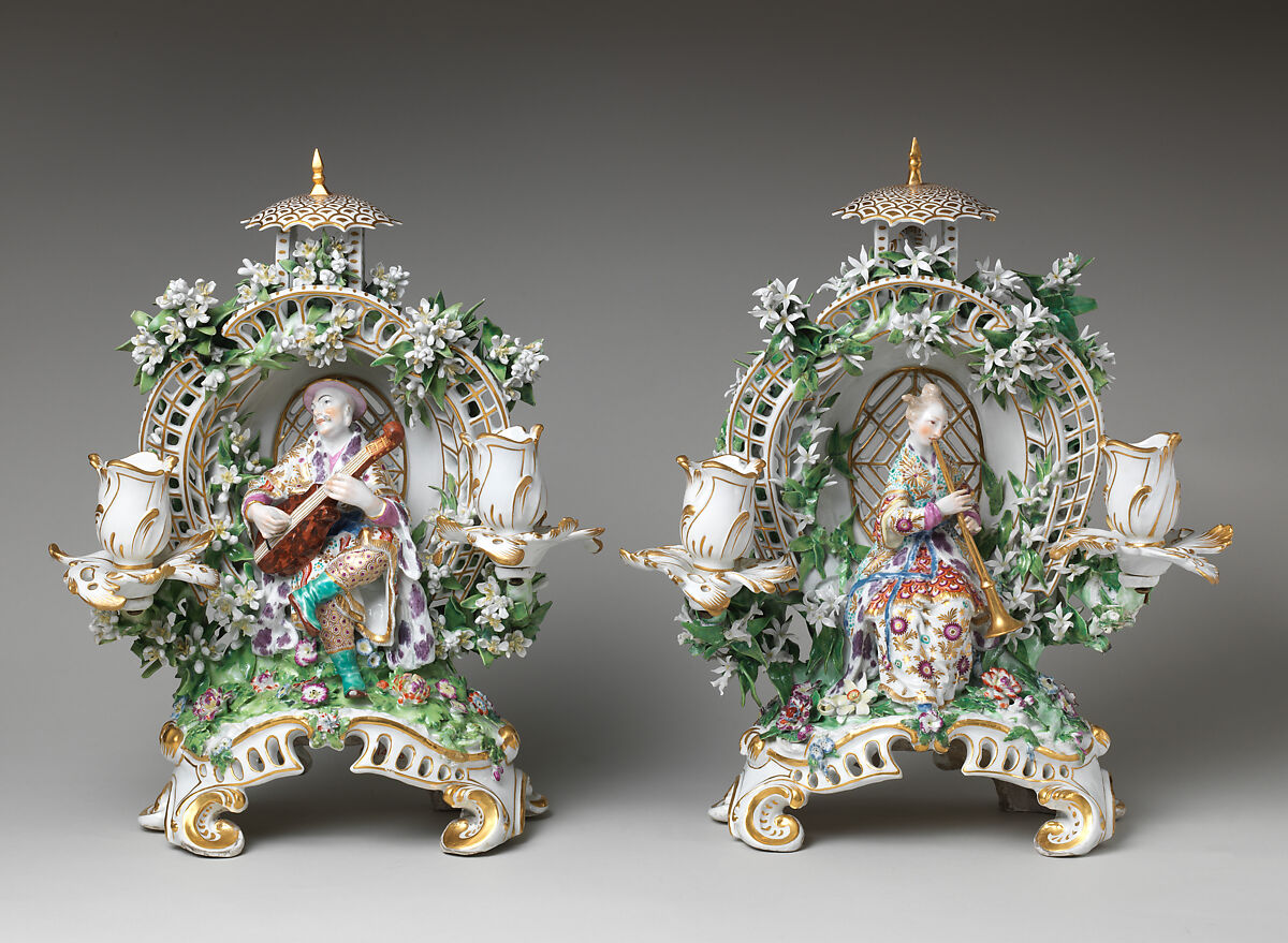 Candelabrum (one of a pair), Chelsea Porcelain Manufactory (British, 1745–1784, Gold Anchor Period, 1759–69), Soft-paste porcelain, British, Chelsea