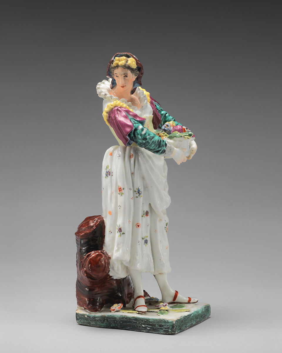Woman carrying a basket of flowers, Chelsea Porcelain Manufactory (British, 1744–1784), Soft-paste porcelain, British, Chelsea 