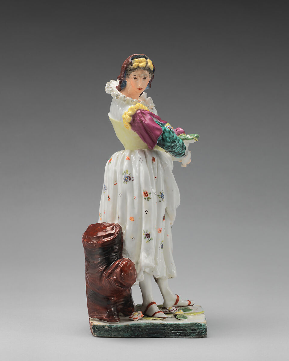 Woman carrying a basket of flowers, Chelsea Porcelain Manufactory (British, 1744–1784), Soft-paste porcelain, British, Chelsea