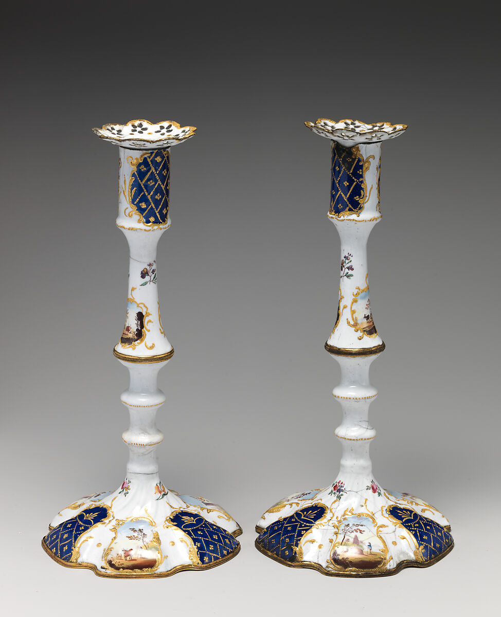 Pair of candlesticks, Enamel, British, Staffordshire 