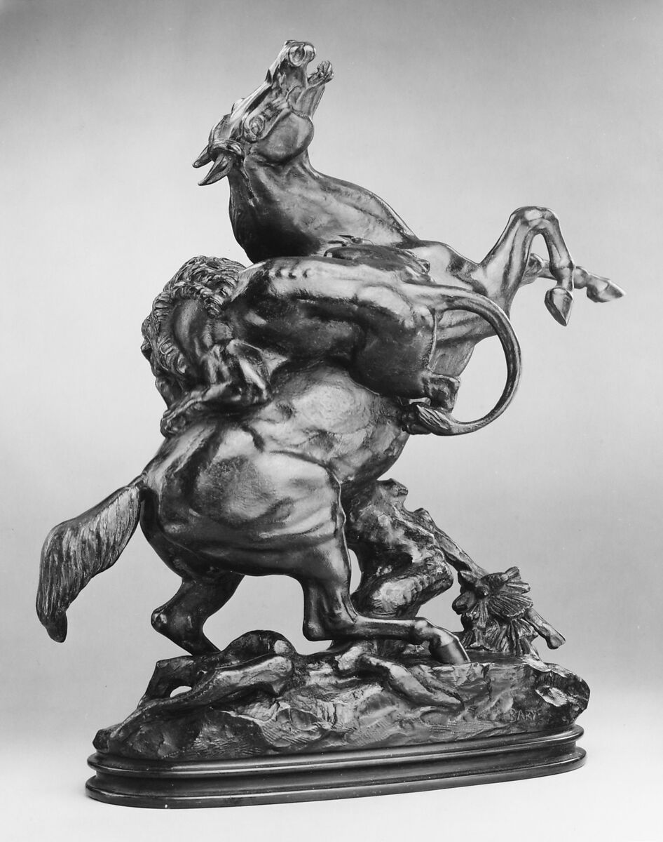 Horse Surprised by a Lion, Antoine-Louis Barye (French, Paris 1795–1875 Paris), Bronze, French 