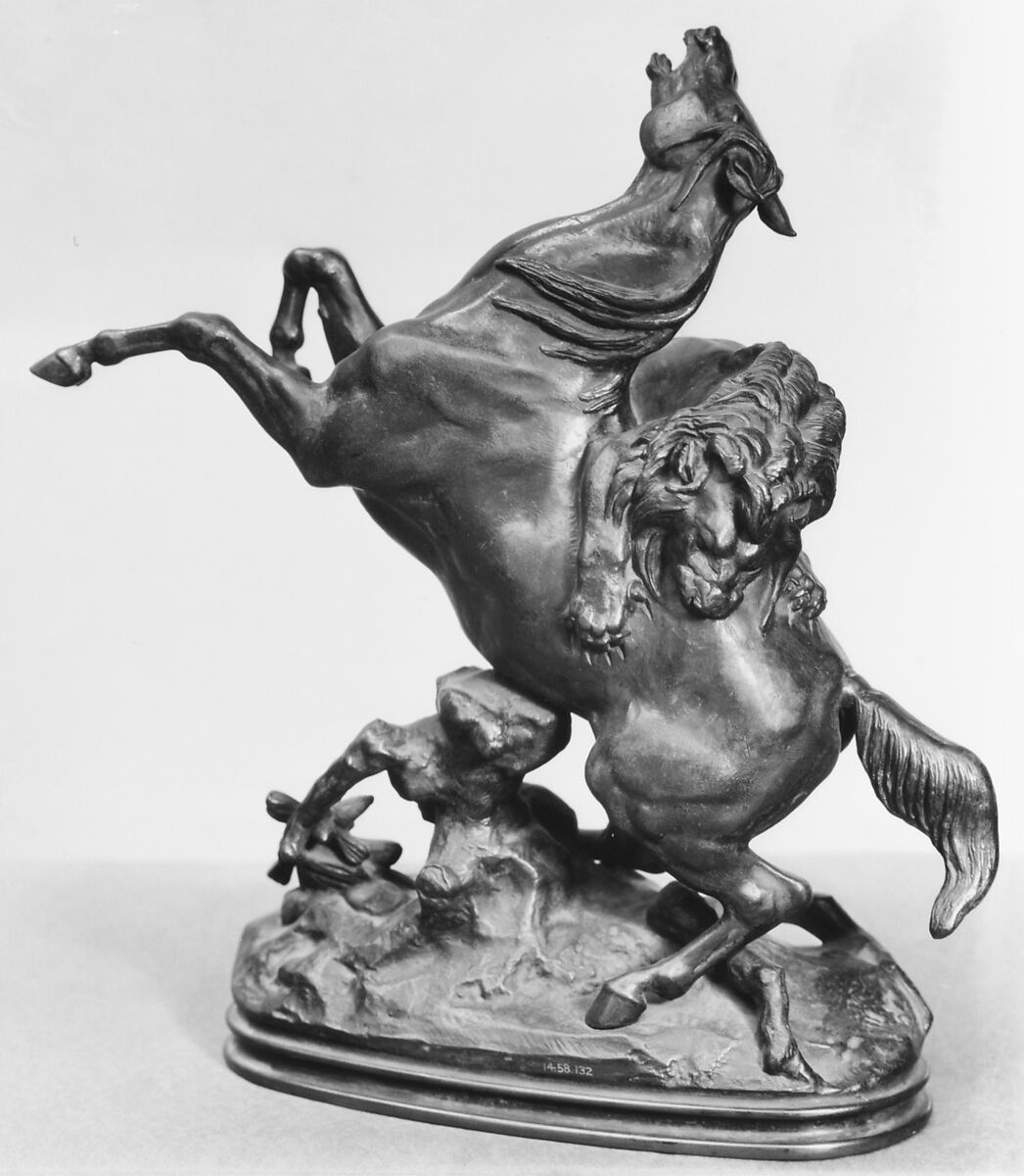 Horse Surprised by a Lion, Antoine-Louis Barye (French, Paris 1795–1875 Paris), Bronze, French