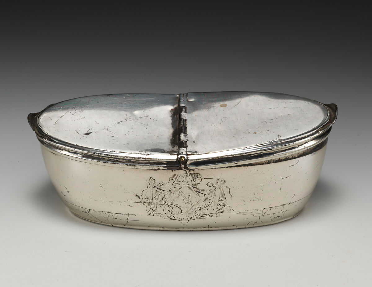 Nutmeg or spice box with arms of Mary Lady Hervey of Ickworth, Silver, British