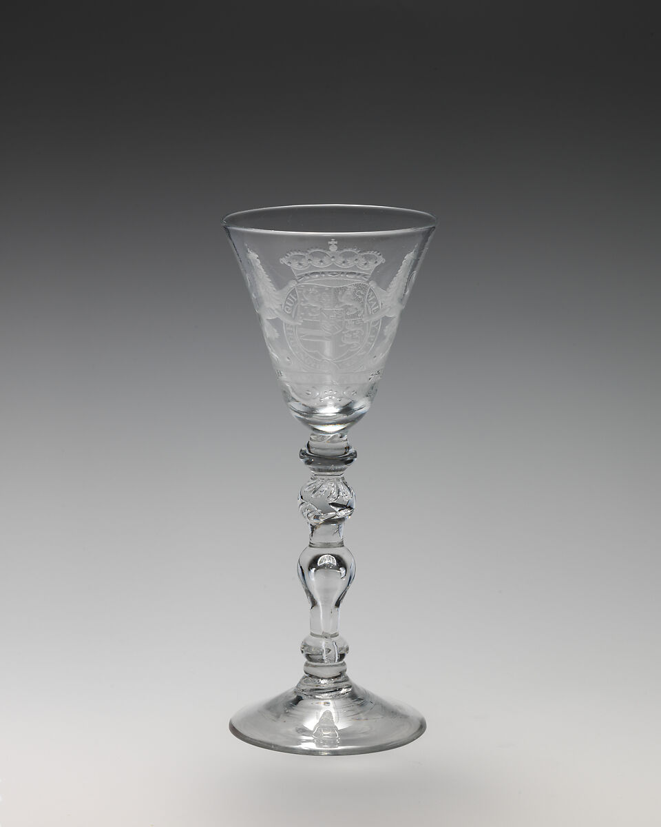 Wineglass with arms of William V, Prince of Orange, Glass, British, Newcastle with Dutch engraving 