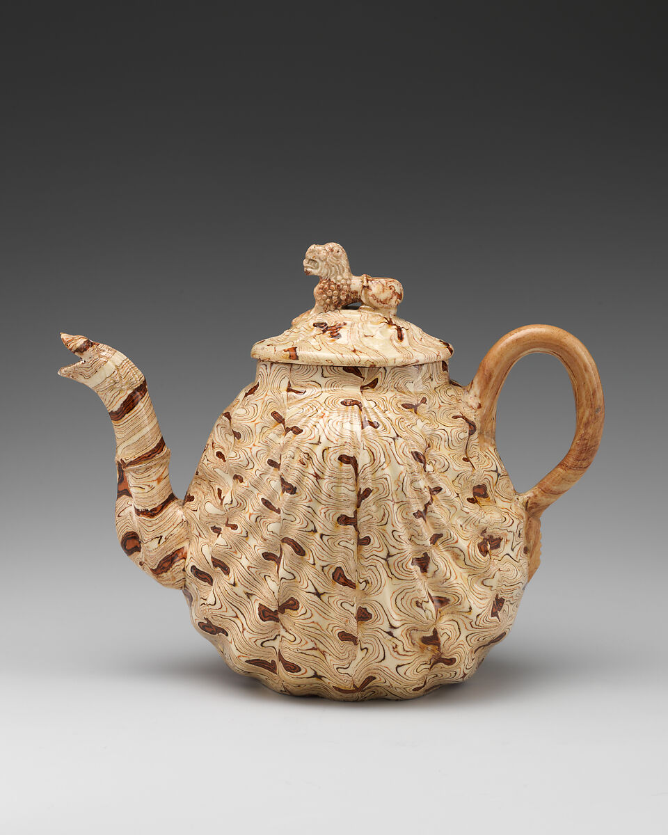 Teapot, Style of Whieldon type, Agateware (glazed earthenware), British, Staffordshire 