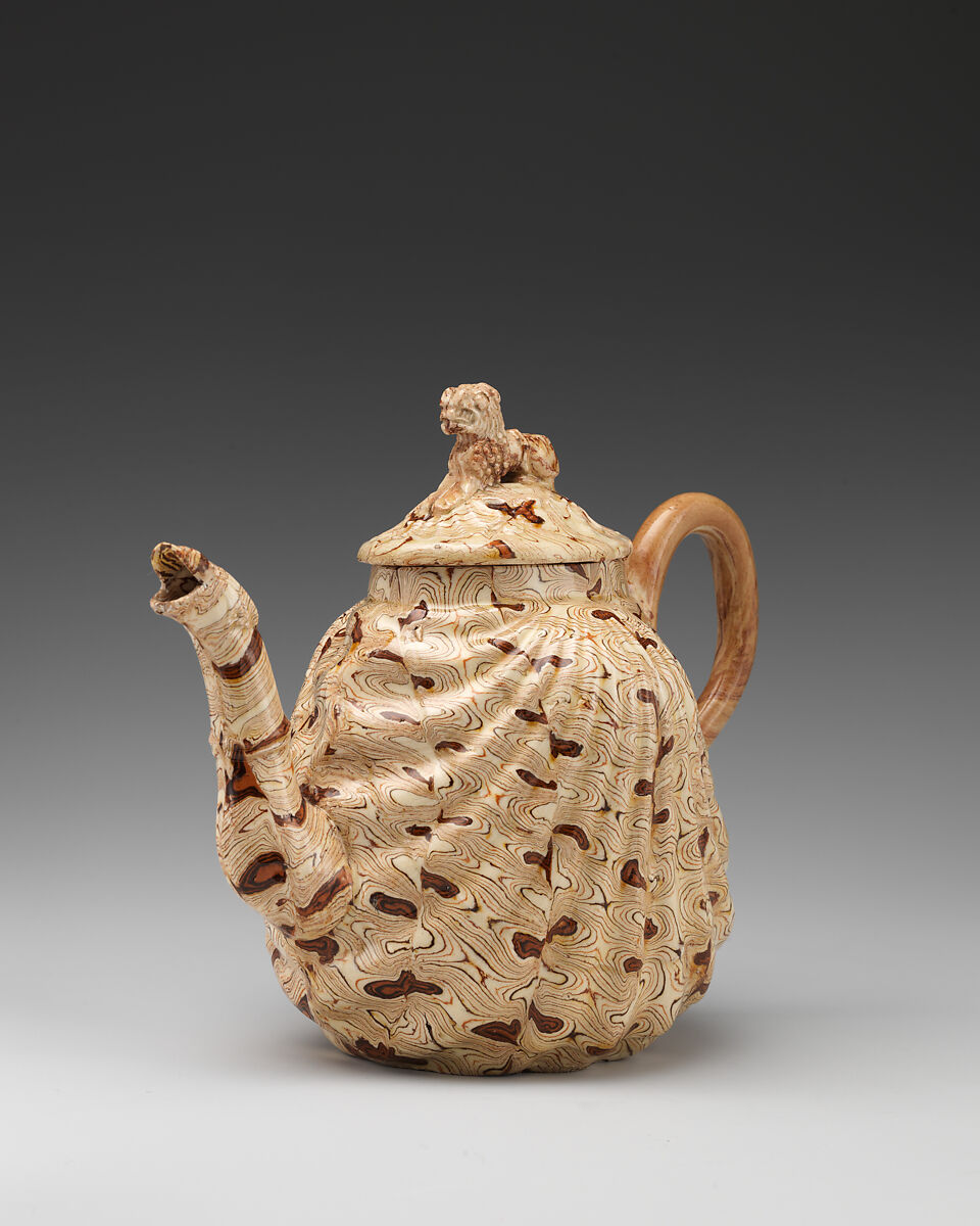 Teapot, Style of Whieldon type, Agateware (glazed earthenware), British, Staffordshire