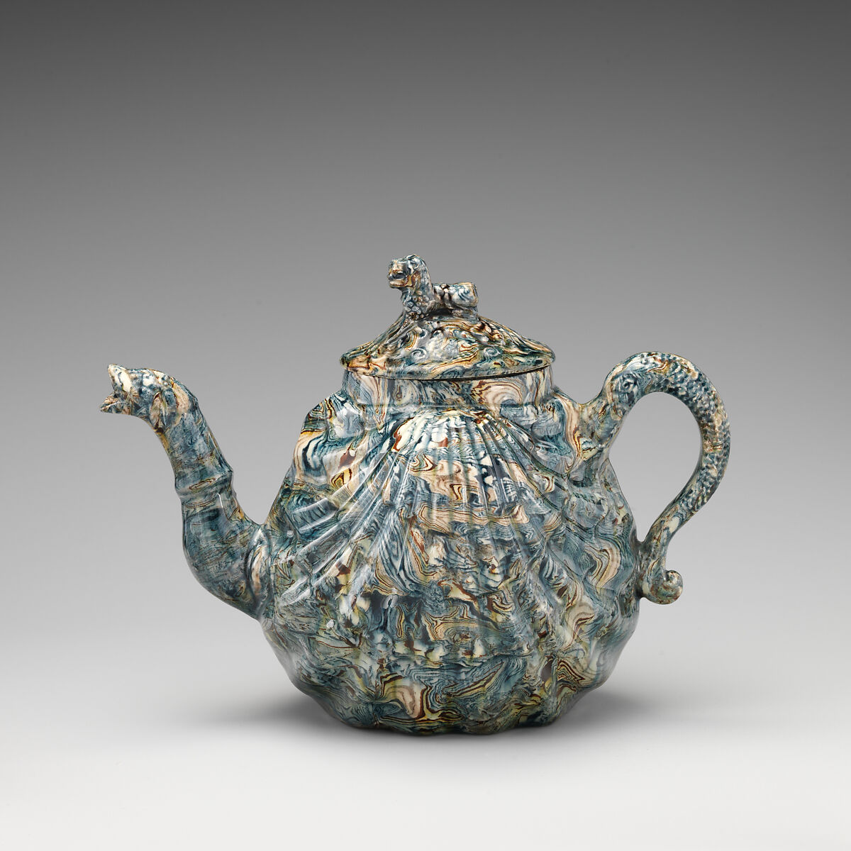Teapot, Style of Whieldon type, Agateware (glazed earthenware), probably British, Staffordshire 