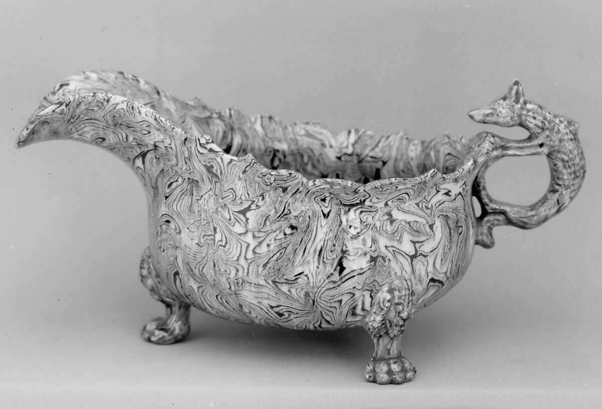 Sauceboat, Style of Whieldon type, Solid agateware, glazed, probably British, Staffordshire