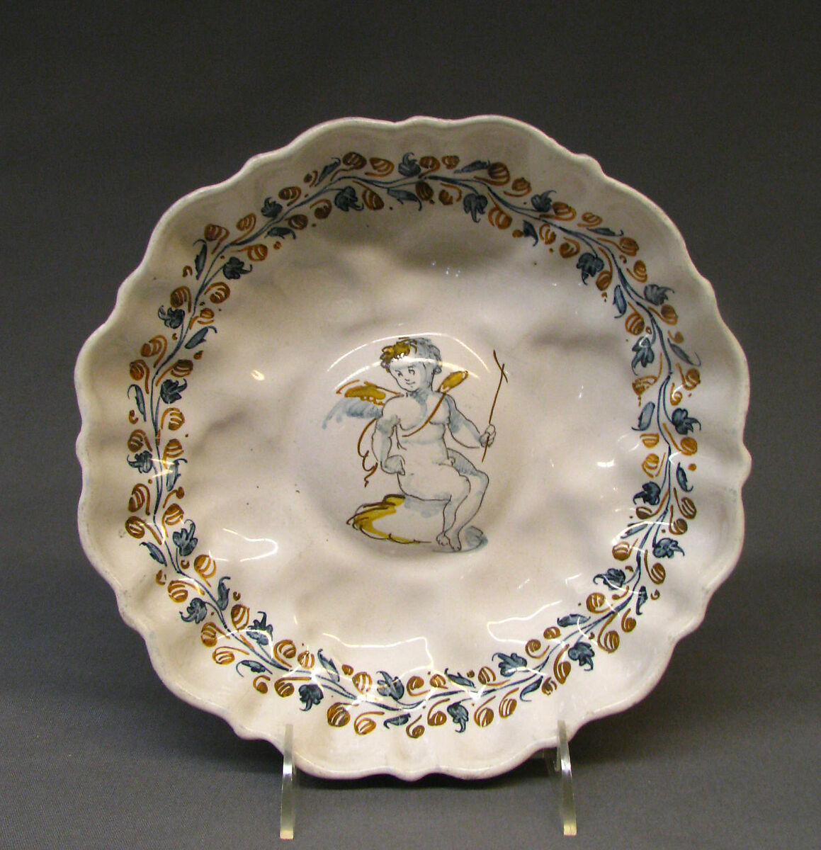 Footed dish, Tin-glazed earthenware, probably French, Nevers 