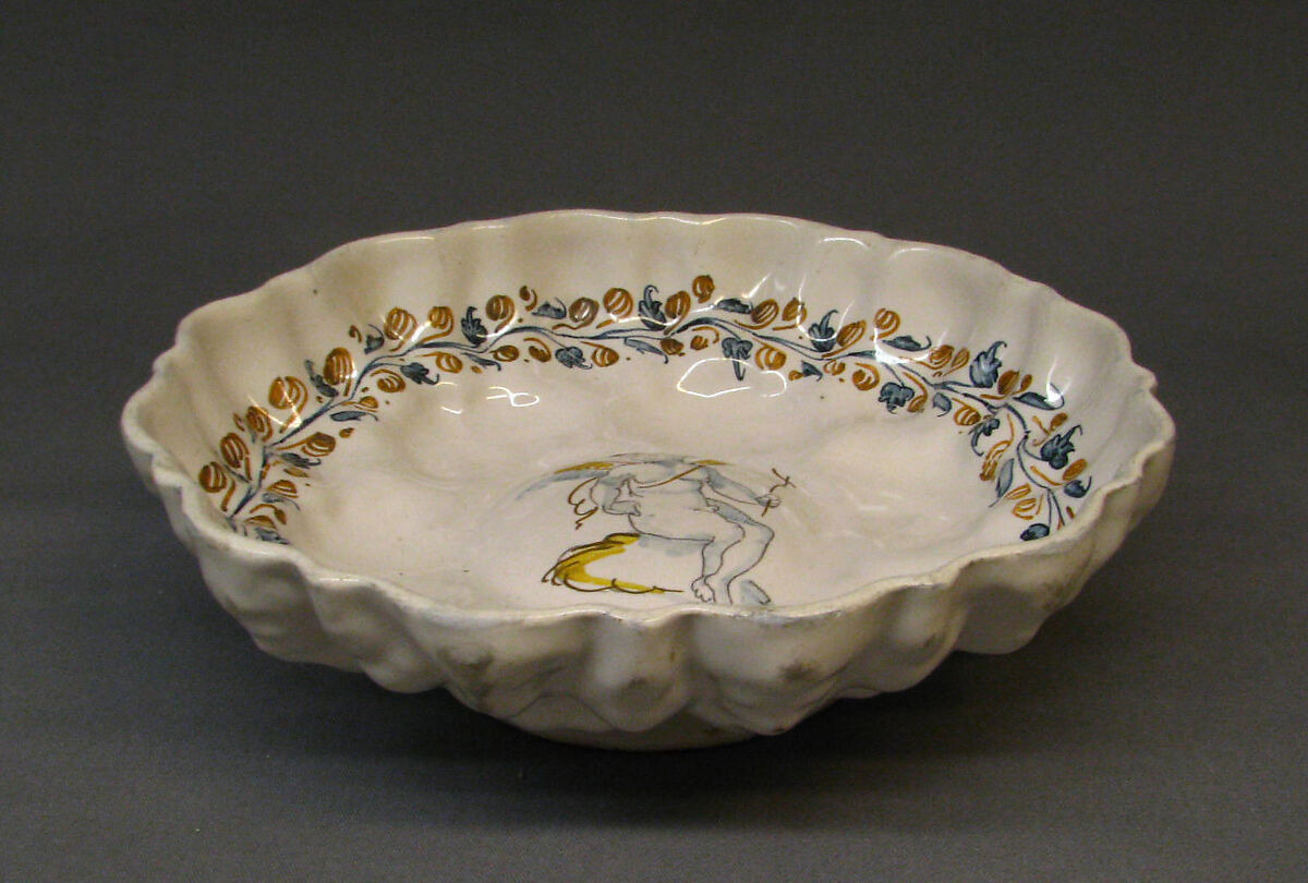 Footed dish, Tin-glazed earthenware, probably French, Nevers