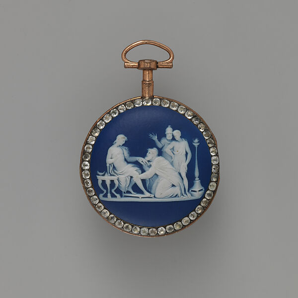 Watch, Josiah Wedgwood and Sons (British, Etruria, Staffordshire, 1759–present), Pinchbeck or gilt bronze; rhinestones, jasperware, enamel, British