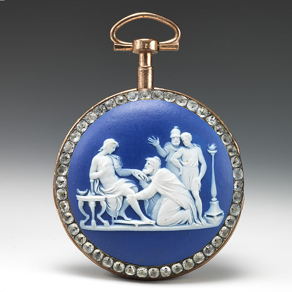 Watch, Josiah Wedgwood and Sons (British, Etruria, Staffordshire, 1759–present), Pinchbeck or gilt bronze; rhinestones, jasperware, enamel, British