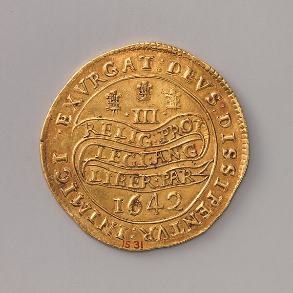 Three-pound piece, King Charles I (r. 1625–49), Struck at The Royal Mint (London, founded 886 CE ), Gold, British