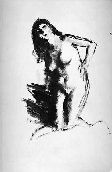 Nude Kneeling, Robert Henri (American, Cincinnati, Ohio 1865–1929 New York), Brown tempera on paper, American 