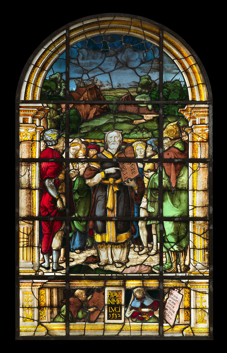 Moses presenting the tablets of law, Valentin Bousch (French, active 1514–41, died 1541), Stained glass, French, Lorraine, Metz 