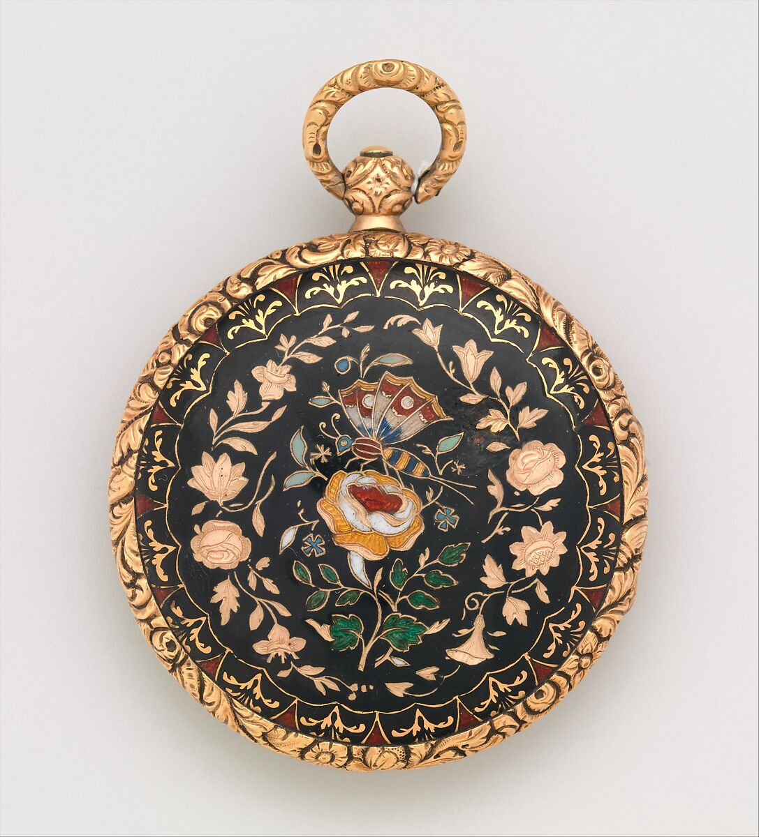 Watch, Case of gold and enamel, with butterfly and rose design, French or Swiss
