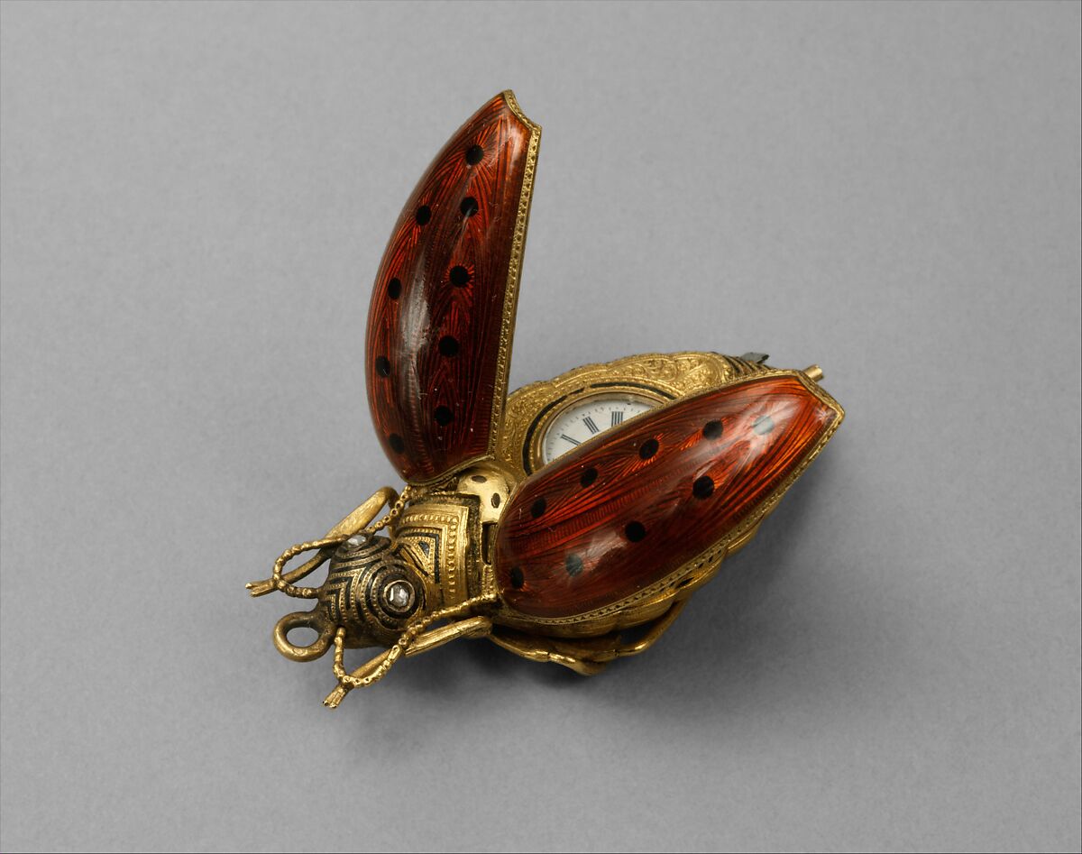 Watch in the form of a beetle, Case of gold, enamel, and jewels; jeweled movement, with cylinder escapement, Swiss 