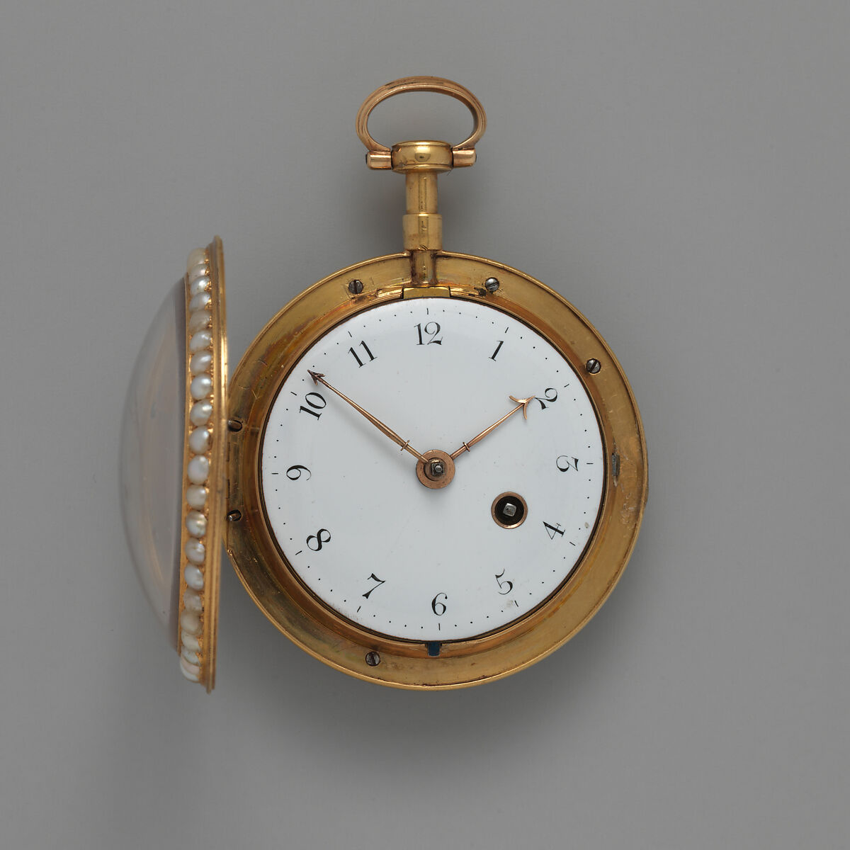 Watch, Workshop of Wetherell &amp; Janaway (active 1785–94), Case: gold, pearls, enamel, silver set with diamonds and opal; Movement: with diamond endstone, British, London