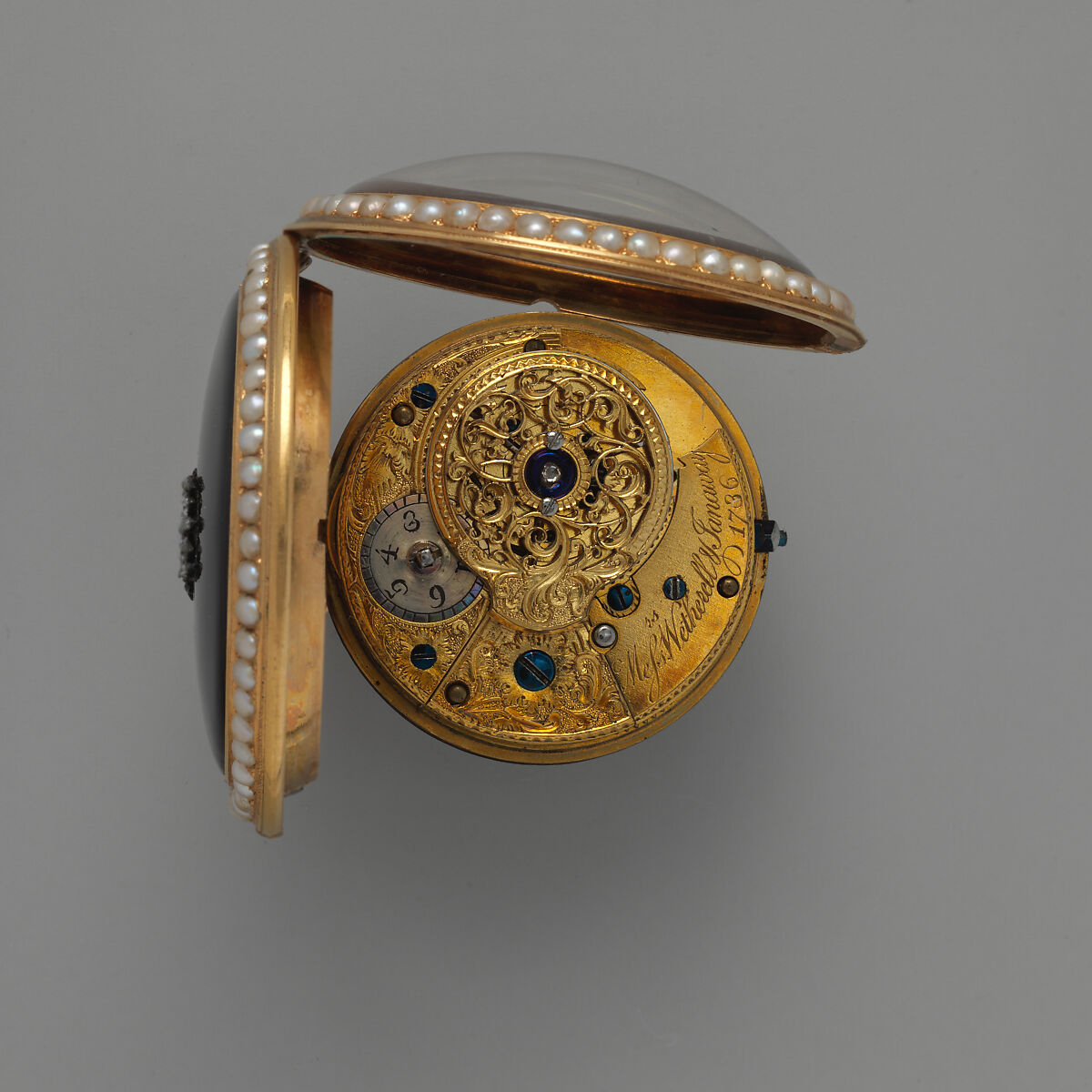 Watch, Workshop of Wetherell &amp; Janaway (active 1785–94), Case: gold, pearls, enamel, silver set with diamonds and opal; Movement: with diamond endstone, British, London