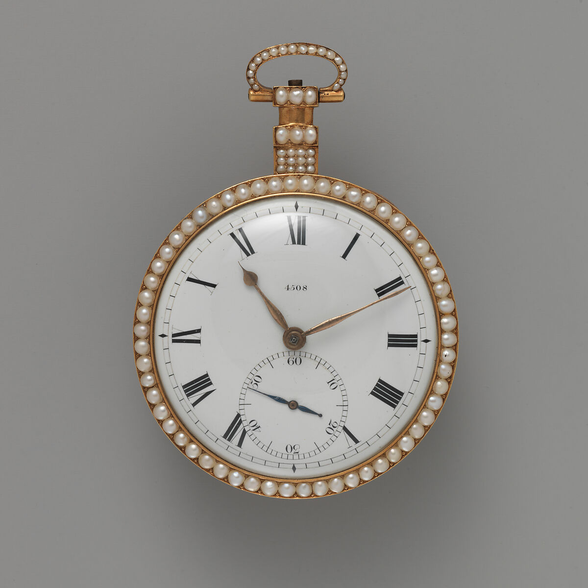 Watch, Watchmaker: Grayhurst, Harvey &amp; Co. (recorded 1805–30), Case of gold, enamel, and pearls, with floral design; jeweled movement, with ruby cylinder escapement, British, London
