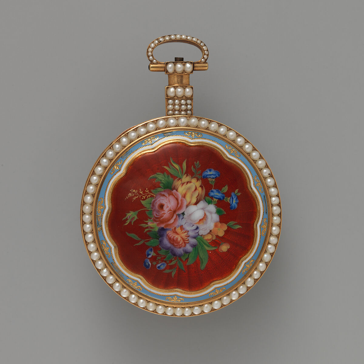 Watch, Watchmaker: Grayhurst, Harvey &amp; Co. (recorded 1805–30), Case of gold, enamel, and pearls, with floral design; jeweled movement, with ruby cylinder escapement, British, London 