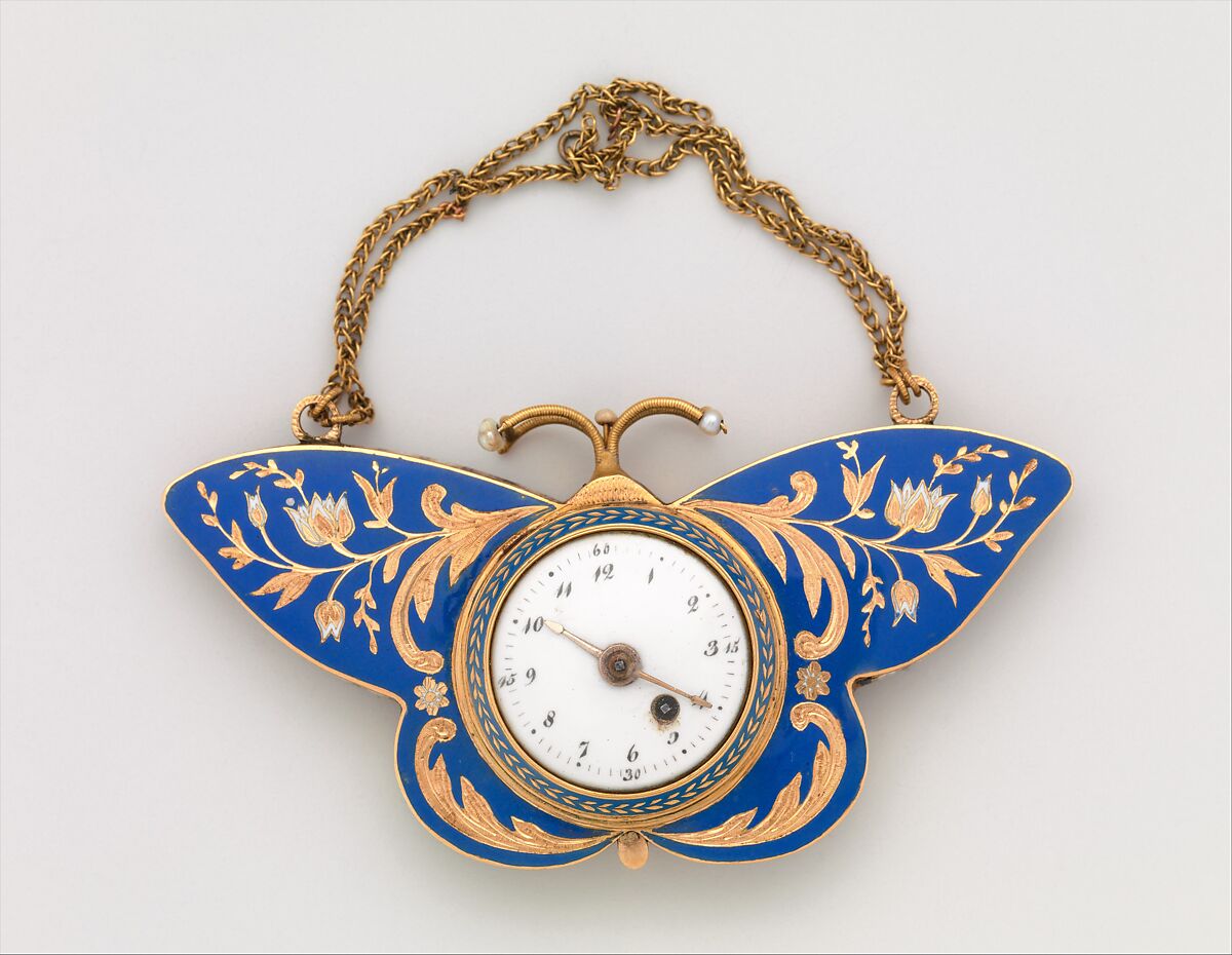 Watch in the form of a butterfly, Case of gold, enamel, and pearls, Swiss
