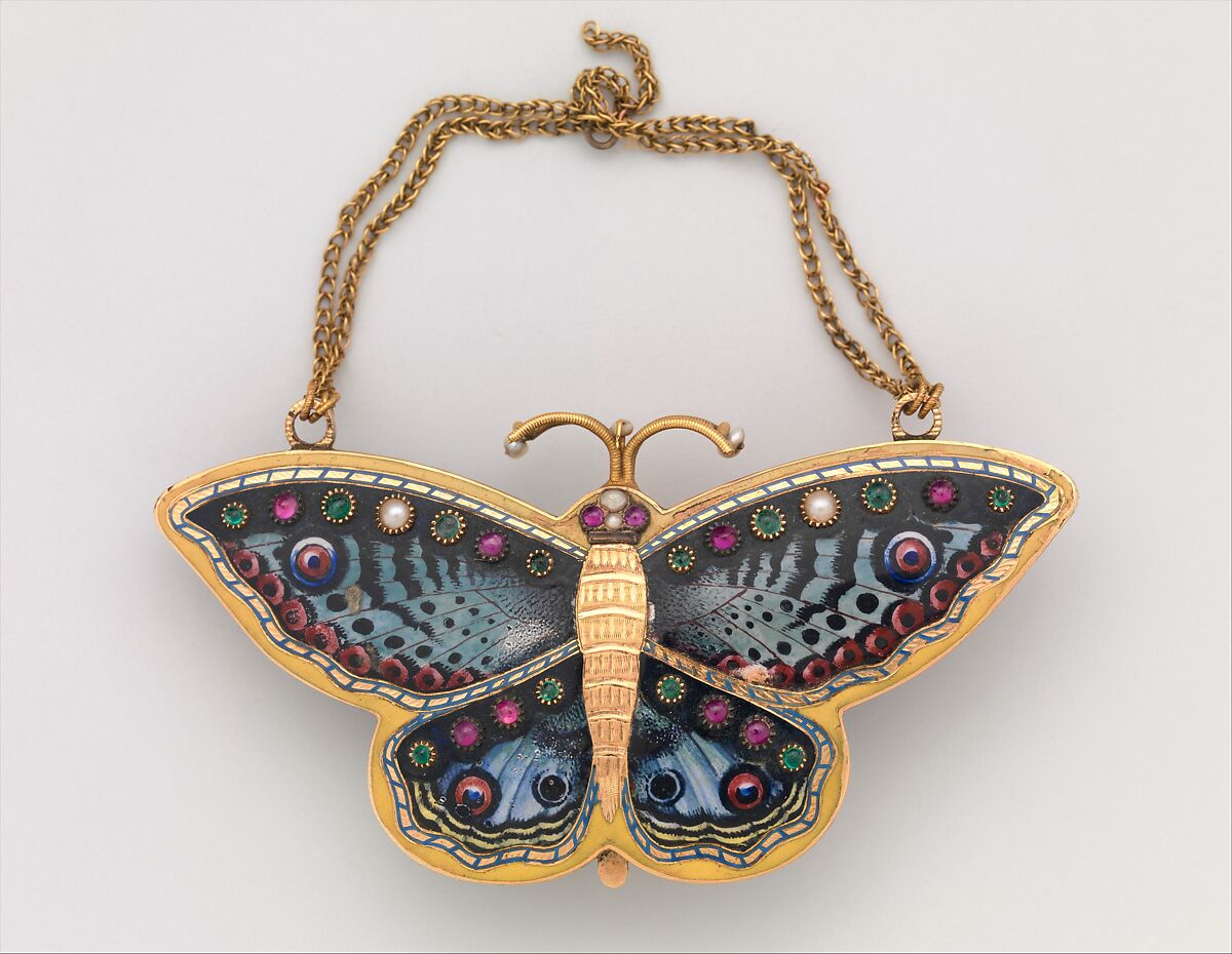 Watch in the form of a butterfly, Case of gold, enamel, and pearls, Swiss 
