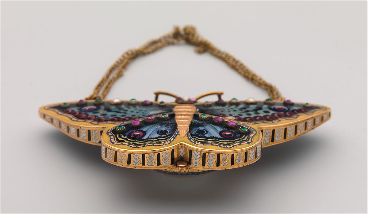 Watch in the form of a butterfly, Case of gold, enamel, and pearls, Swiss